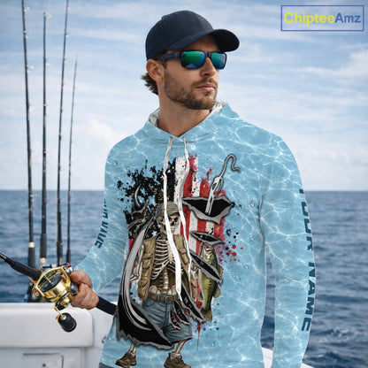 Custom Bass Fishing Long Sleeve Hooded American Flag Fish Reaper Fishing Shirts, Bass Fishing Jerseys NBT729