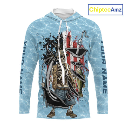 Custom Bass Fishing Long Sleeve Hooded American Flag Fish Reaper Fishing Shirts, Bass Fishing Jerseys NBT729