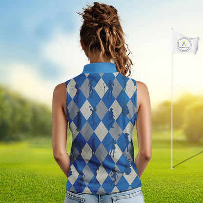 Blue Argyle Womens Sleeveless Golf Polo Shirts, Golf Shirts Custom Team Golf Polo For Ladies Team Golf Tops NBT489