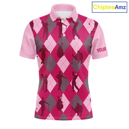 Pink Argyle Mens Golf Polo Shirts, Golf Shirts Custom Team Golf Polo For Men Team Golf Tops NBT490