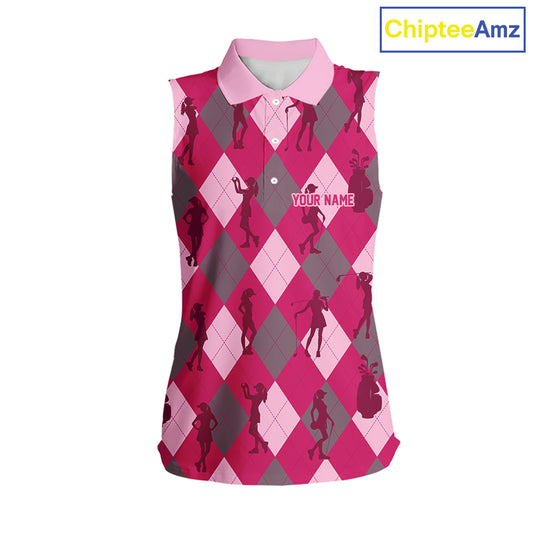 Pink Argyle Womens Sleeveless Golf Polo Shirts, Golf Shirts Custom Team Golf Polo For Ladies Team Golf Tops NBT490