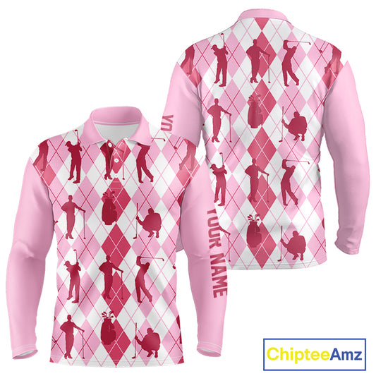 Light Pink Argyle Mens Golf Polo Shirts, Golf Shirts Custom Team Golf Polo For Men Team Golf Tops NBT491