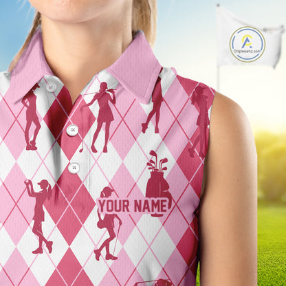 Light Pink Argyle Womens Sleeveless Golf Polo Shirts, Golf Shirts Custom Team Golf Polo For Ladies Team Golf Tops NBT491