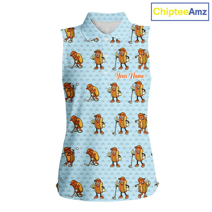 Funny Hotdog Womens Sleeveless Golf Polo Shirt, Custom Sausage Print Golf Polo, Golf Shirts For Team NBT492