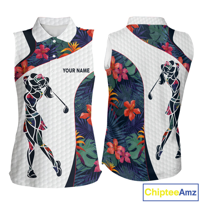 Custom Name Colorful Tropical Pattern Golf Women's Sleeveless Polo Shirt, White Golf Shirt, Team Golf Top NBT498