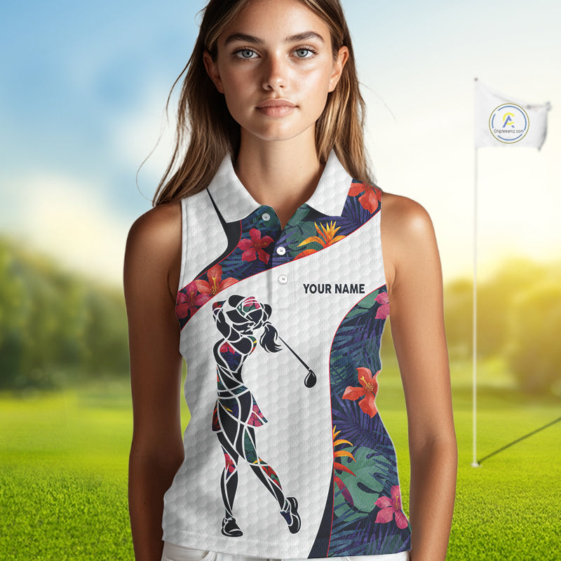 Custom Name Colorful Tropical Pattern Golf Women's Sleeveless Polo Shirt, White Golf Shirt, Team Golf Top NBT498