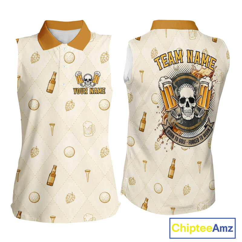 back view of Born To Golf Forced To Work beer pattern golf polo shirt