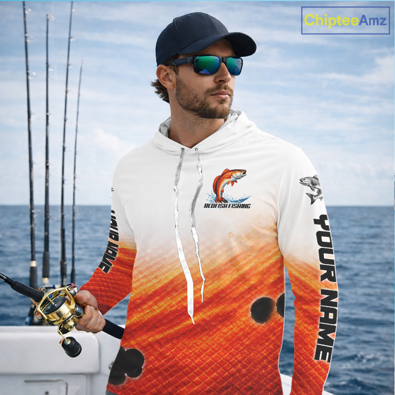 Redfish Fishing Scales Custom Name UV Protection Long Sleeve Hooded Fishing Shirts NBT514