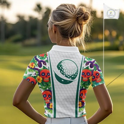 Funny Golf Skull Tropical Pattern Golf Polo Shirt Custom Name Golf Shirts For Womens NBT519