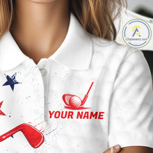 Load image into Gallery viewer, White polo shirt with red and blue graphics and 'Your Name' text