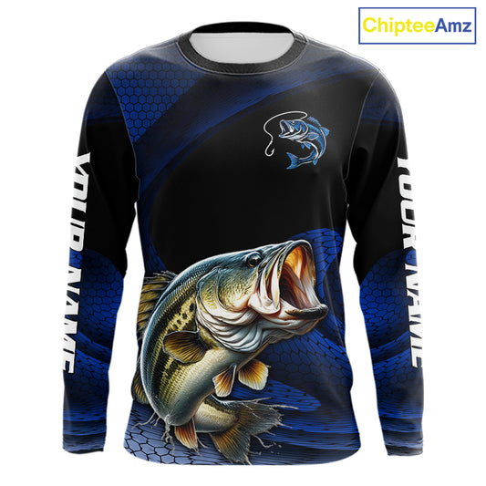 Front view of Custom Blue Camo Bass Fishing Shirt Long Sleeve with Personalized Name on Sleeves 