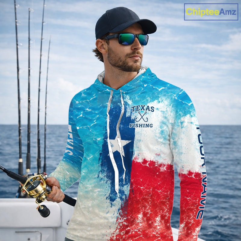 Angler wearing Texas Slam Fishing Long Sleeve Hooded Fishing Shirt with Personalized Name on sleeves