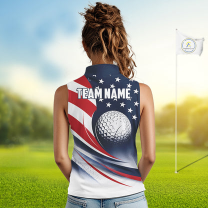 A woman wearing an American flag patriotic sleeveless golf polo shirt, with "Team Name" on the back and standing in the golf course.