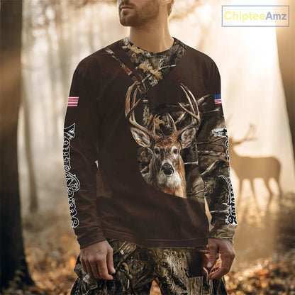 Deer Hunting Big Game Brown Camo US Flag Custom Name 3D All Over Print Shirts, Hunting Gifts NBT263