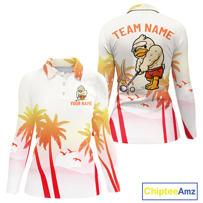 Front view of funny duck long sleeve golf polo shirt for women with tropical sunset print