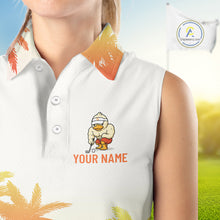 Load image into Gallery viewer, Close-up of funny duck and tropical sunset print on womens sleeveless golf polo shirt