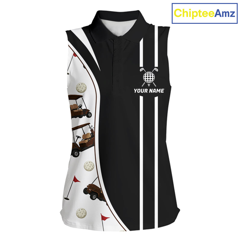 Front view of personalized sleeveless golf polo shirt for women with golf cart pattern with custom name on the chest