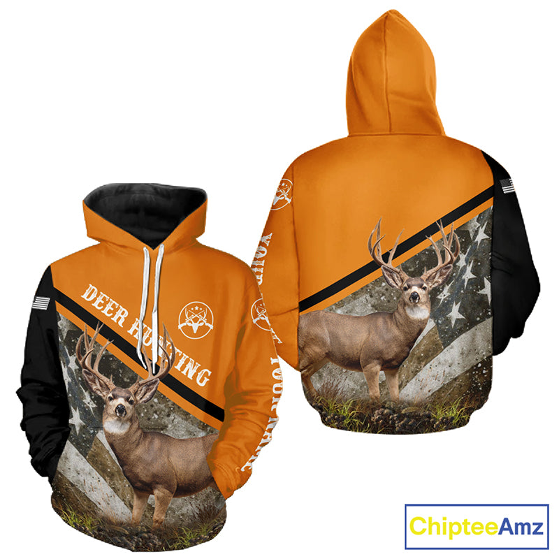 Deer Hunting Orange Camo American Flag 3D Shirt Custom Name Perfect Gift for Hunters NBT266