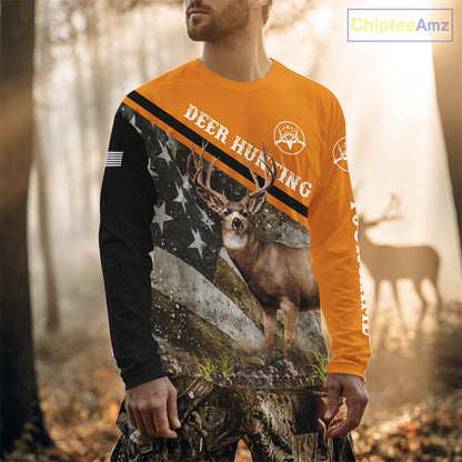 Deer Hunting Orange Camo American Flag 3D Shirt Custom Name Perfect Gift for Hunters NBT266