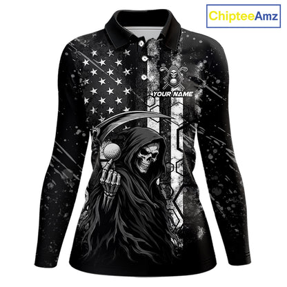 Custom Black And White American Flag Skull Reaper Womens Golf Polo Shirt, Team Golf Shirts NBT881