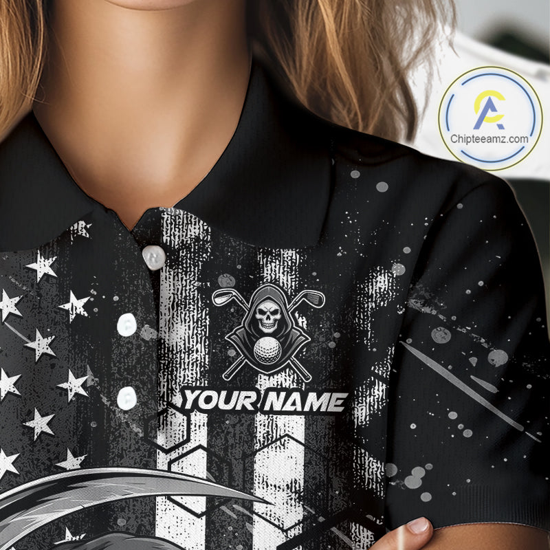 Close-up of black and white American flag skull reaper print on womens golf polo