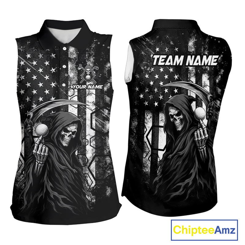 Custom Black And White American Flag Skull Reaper Womens Sleeveless Golf Polo Shirt, Team Golf Shirts NBT881