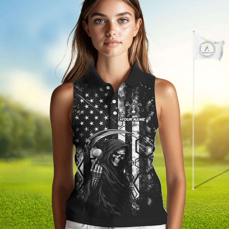 Custom Black And White American Flag Skull Reaper Womens Sleeveless Golf Polo Shirt, Team Golf Shirts NBT881
