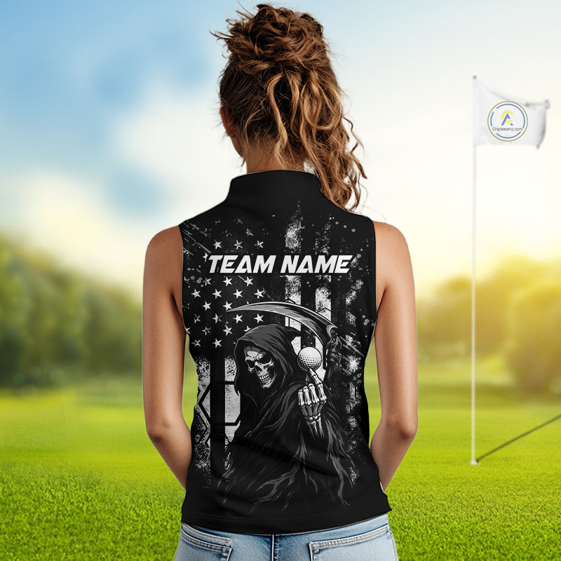 Custom Black And White American Flag Skull Reaper Womens Sleeveless Golf Polo Shirt, Team Golf Shirts NBT881