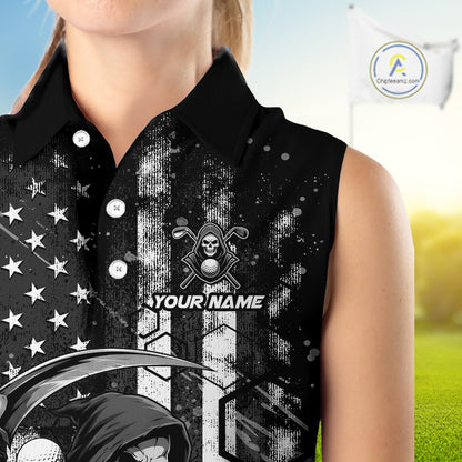 Custom Black And White American Flag Skull Reaper Womens Sleeveless Golf Polo Shirt, Team Golf Shirts NBT881