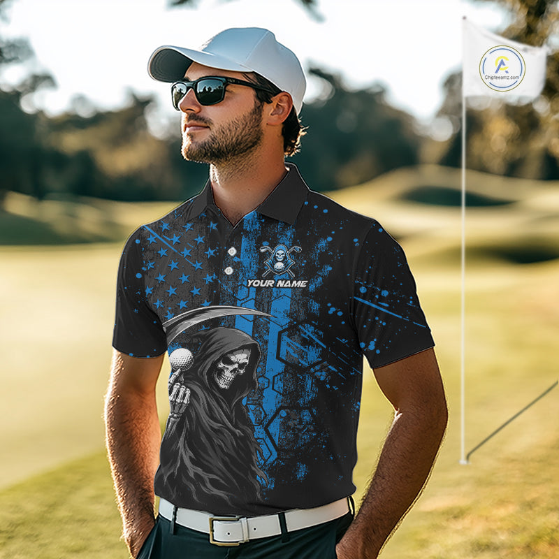 Golfer wearing custom black and blue American flag skull reaper golf polo shirt on the course - front view