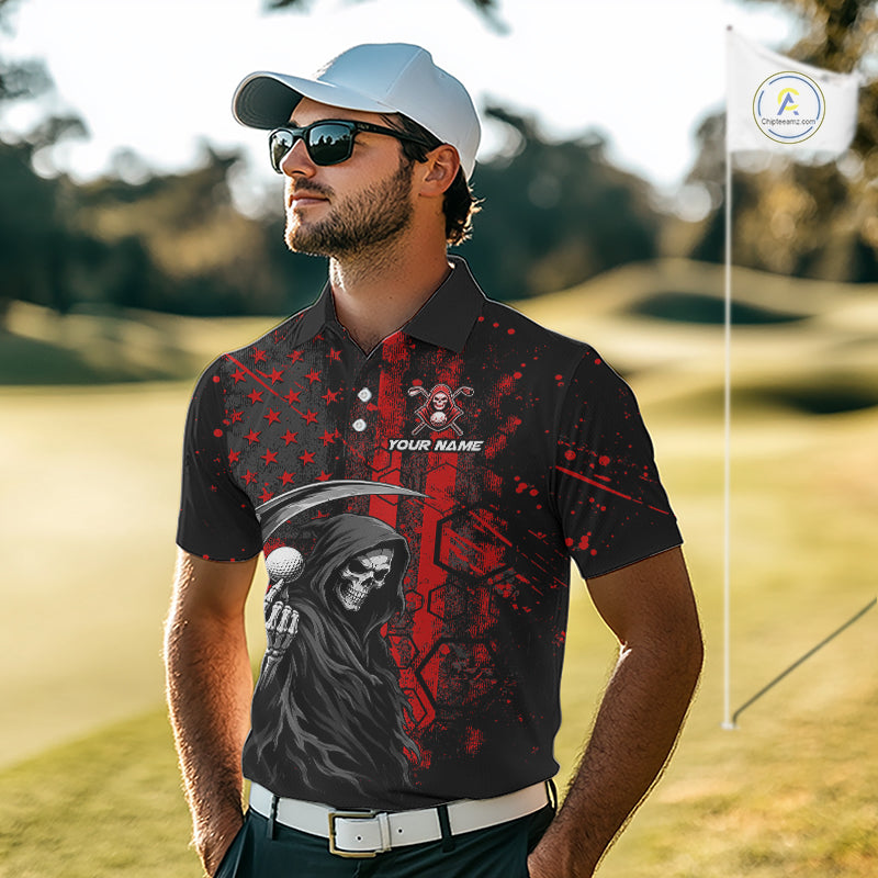 Golfer wearing custom black and red American flag skull reaper golf polo shirt on the course - front view