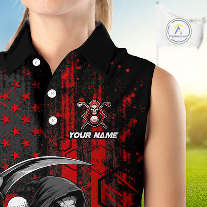 Custom Black And Red American Flag Skull Reaper Womens Sleeveless Golf Polo Shirt, Team Golf Shirts NBT883