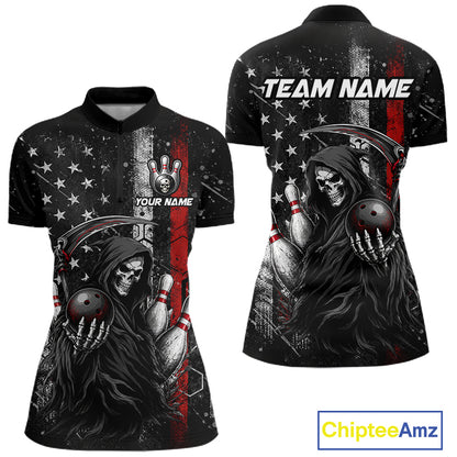Front and back view of American flag custom Grim Reaper bowling quarter zip shirt for women