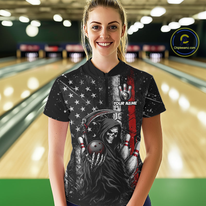 Bowler wearing American flag Grim Reaper bowling quarter zip shirt on the lanes

