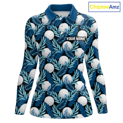 Custom Black Blue Tropical Golf Ball Pattern Womens Polo Golf Shirts, Golf Gifts For Team NBT964
