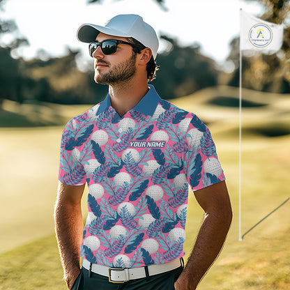 Custom Pink Blue Tropical Golf Ball Pattern Mens Polo Golf Shirts, Golf Gifts For Team NBT965