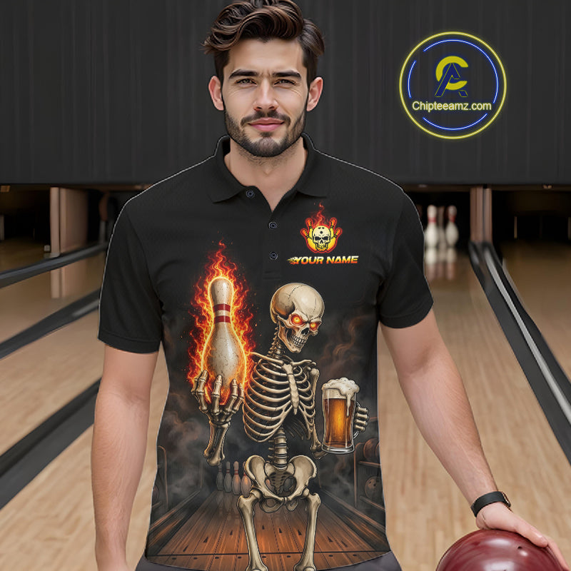 Bowler wearing black and orange fire flame beer skull bowling shirt on the lanes