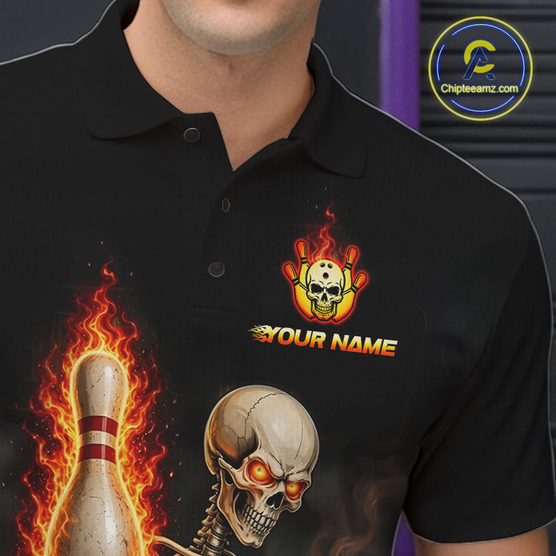 Black & Orange Fire Flame Beer Skull Bowling Shirts For Men Custom Skull Team Bowling Jerseys NBT885