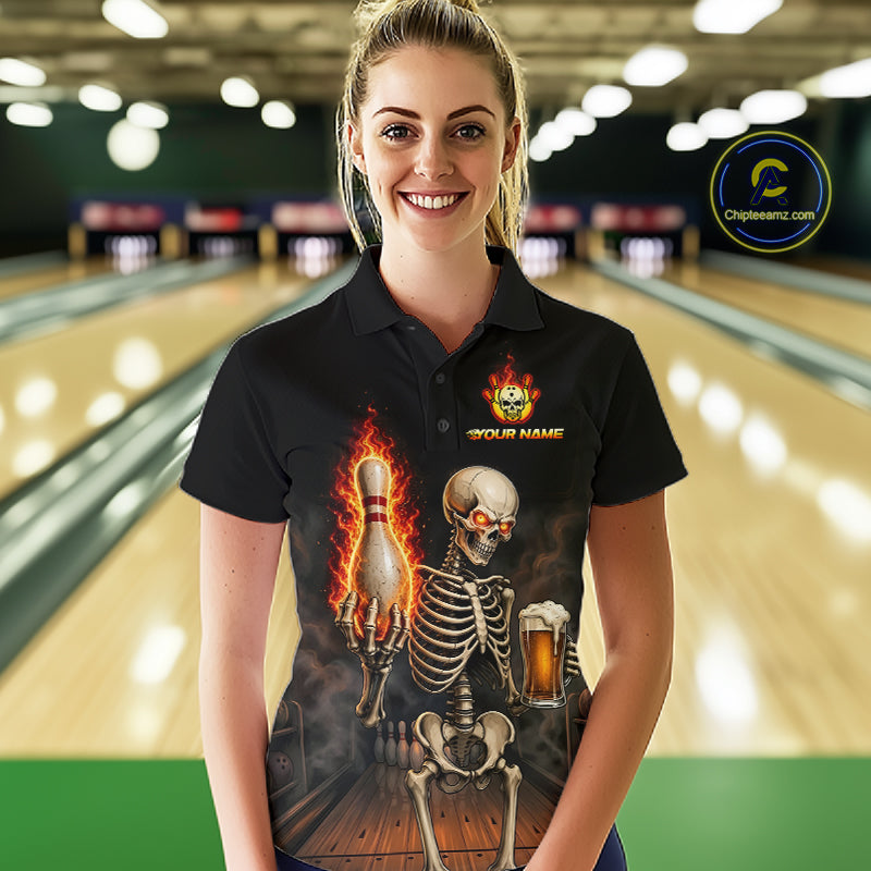 Bowler wearing black and orange fire flame beer skull bowling shirt on the lanes