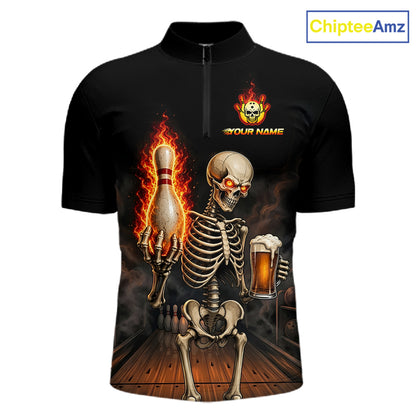 Front view of black and orange fire flame beer skull bowling team 1/4 quarter zip shirt for men