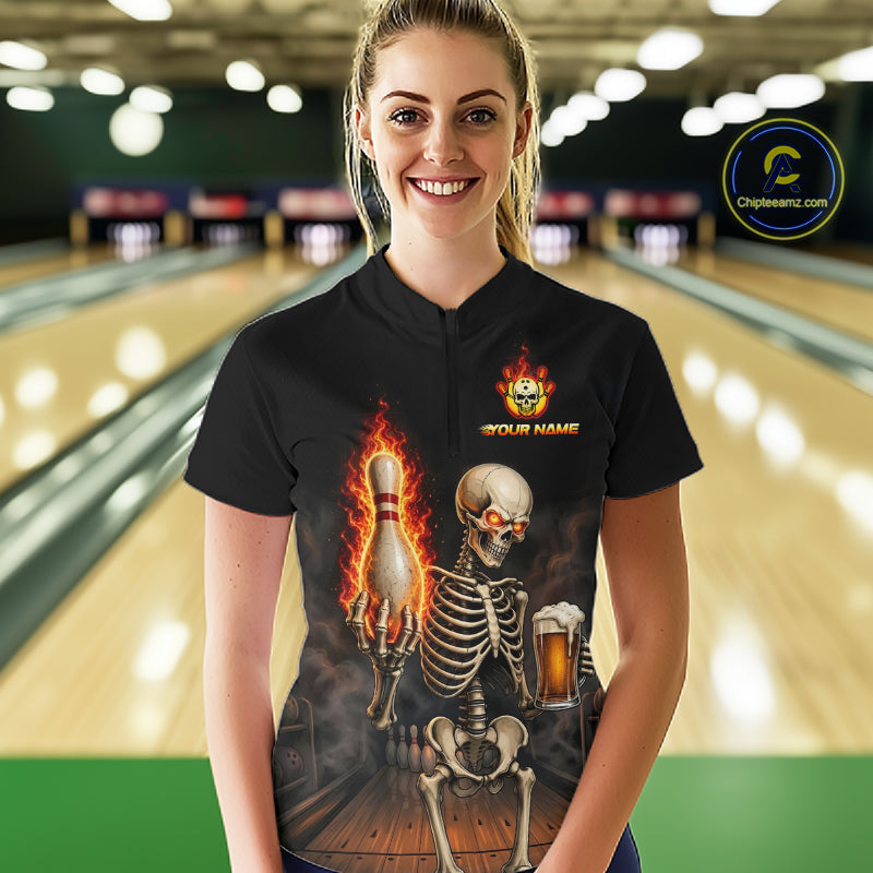 Bowler wearing black and orange fire flame beer skull 1/4 quarter zip bowling shirt on the lanes
