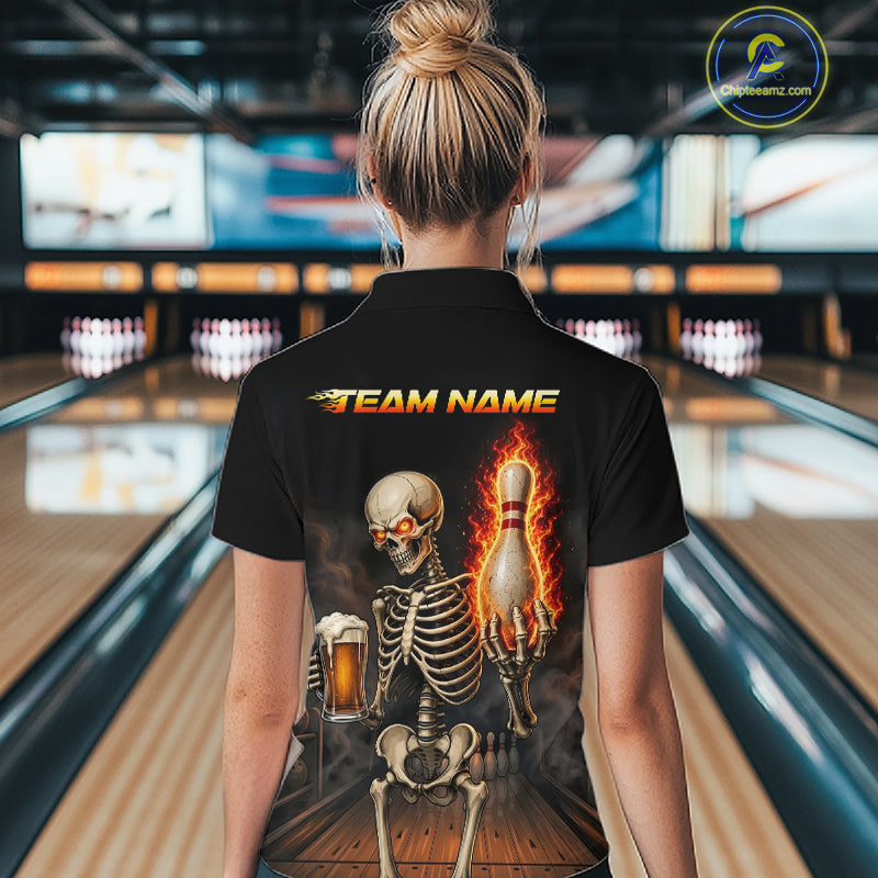 Bowler wearing black and orange fire flame beer skull 1/4 quarter zip bowling shirt on the lanes with personalized name on the back 