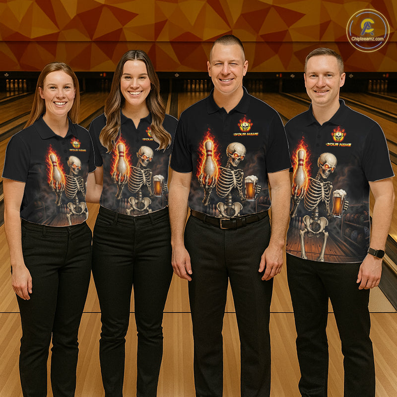 Bowling team wearing matching black and orange fire flame beer skull custom jerseys