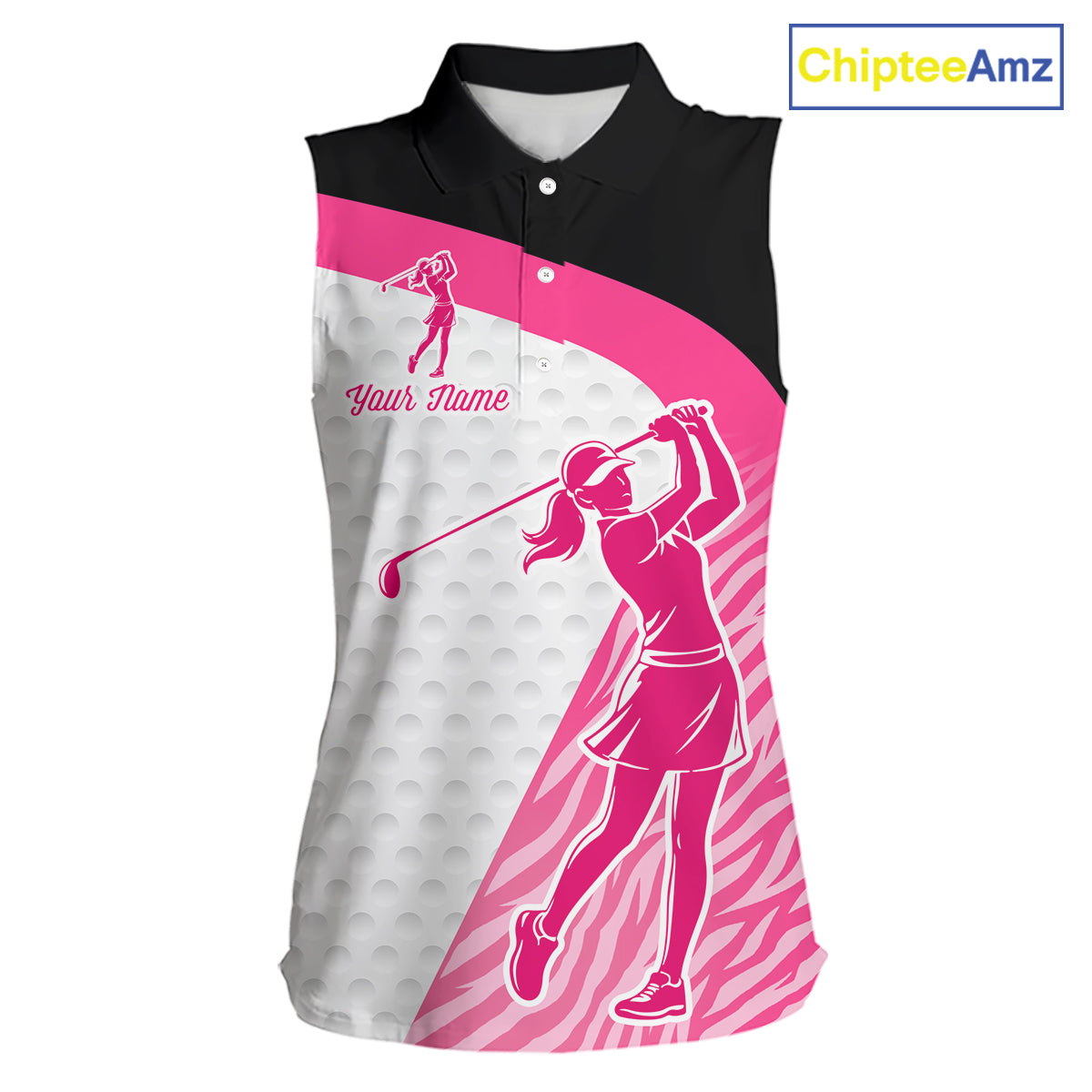Pink Zebra Pattern Womens Sleeveless Golf Polo Shirts Custom Name Gift For Golf Lovers NBT580