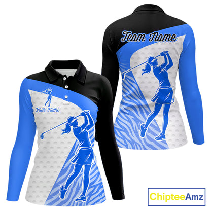 Blue Zebra Pattern Womens Golf Polo Shirts Custom Name Gift For Golf Lovers NBT582