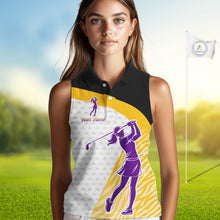Load image into Gallery viewer, Yellow &amp; Purple  Zebra Pattern Womens Sleeveless Golf Polo Shirts Custom Name Gift For Golf Lovers NBT583