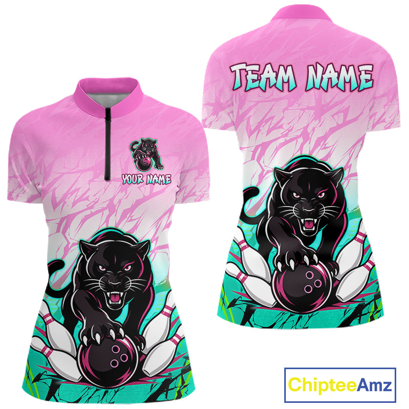 Front and back view of custom pink and turquoise leopard bowling quarter zip shirt for women