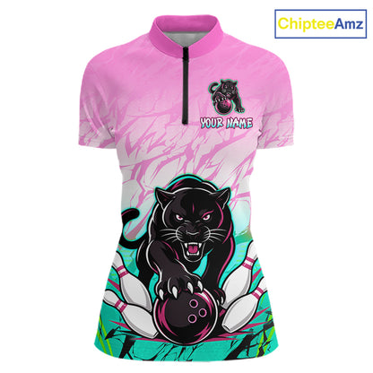 Front view of custom pink and turquoise leopard bowling quarter zip shirt for men