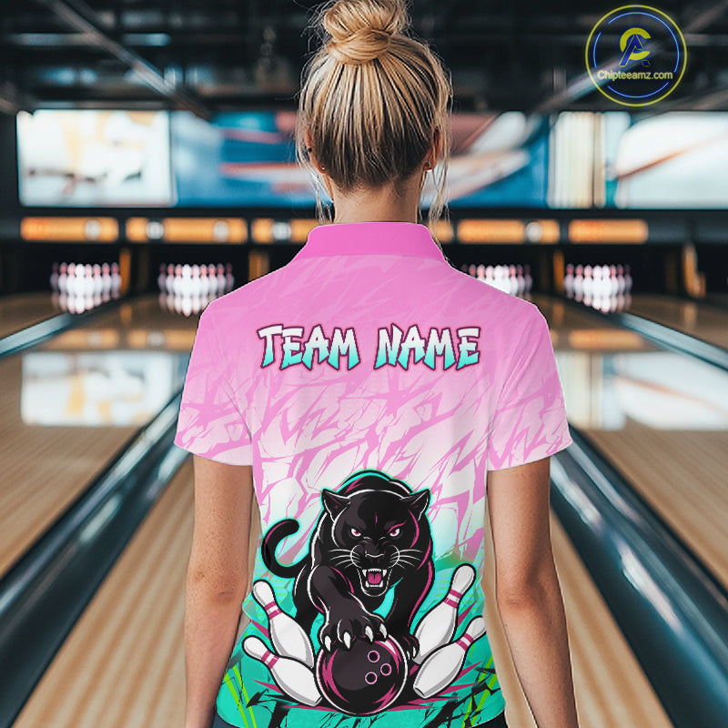 Custom Pink And Turquoise Leopard Bowling Women Polo & 1/4 Quarter Zip Shirt, Bowling League Team Shirt NBT891