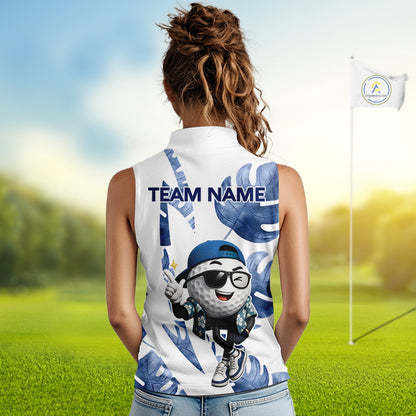 Funny Golf Ball Tropical Pattern Custom Womens Sleeveless Golf Polo Shirts, Golfing Gifts|Blue NBT708